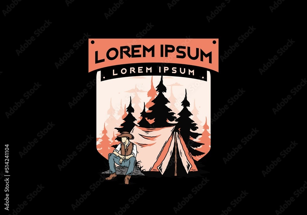 Fototapeta premium Man wearing a cowboy hat sitting in front of the tent illustration