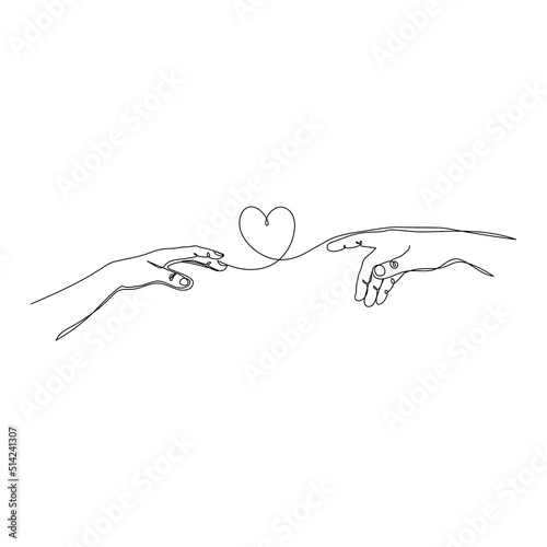 Person's hand receives a symbol of love from someone else's hand. Continuous one line drawing. Love concept.