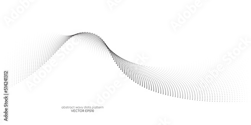 Flowing dots particles wave pattern halftone gradient curve shape isolated on white background. Vector in concept of technology, science, music, modern.