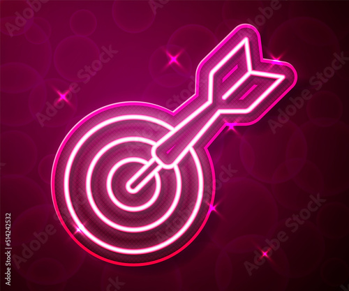 Glowing neon line Classic dart board and arrow icon isolated on red background. Dartboard sign. Game concept. Vector