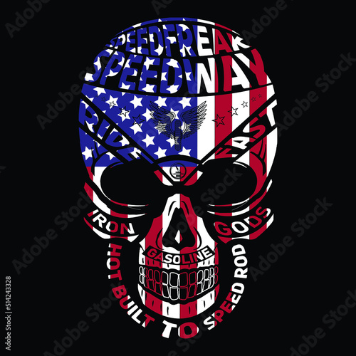 Vintage label with skull  Vector. Grunge effect.USA flag on it. Prints design for t-shirts