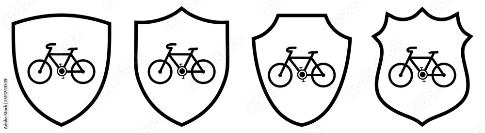 Bicycle icon behind shield, different versions. Bike protection or security concept