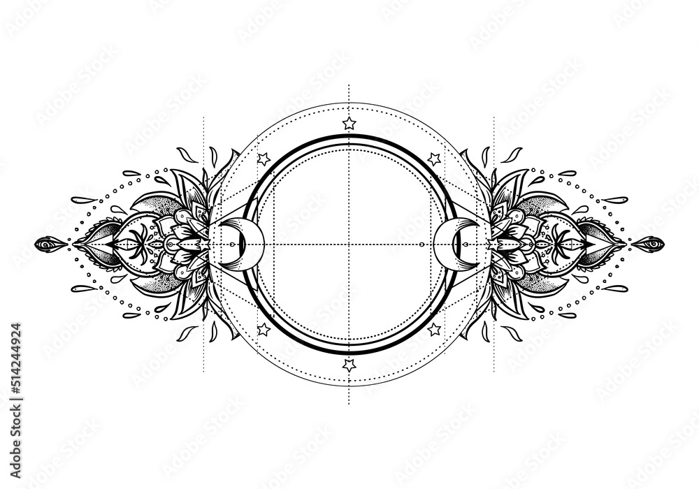 Obraz premium Ornate moon frame. Sacred Geometry. Ayurveda symbol of harmony and balance. Tattoo flesh design, yoga logo. Boho print, poster, t-shirt textile. Anti stress book. Isolated vector illustration.