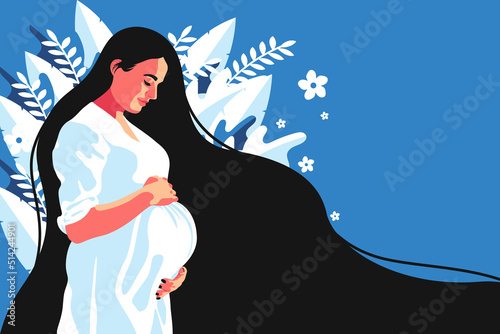 Abstract Graphic Bundle, modern art about pregnancy and motherhood - mother concept. Poster with a beautiful young pregnant woman with long black hair on the blue background. Woman in white clothing. 
