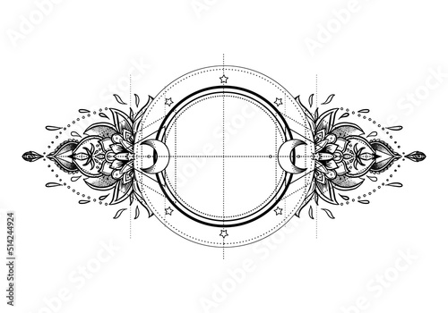 Ornate moon frame. Sacred Geometry. Ayurveda symbol of harmony and balance. Tattoo flesh design, yoga logo. Boho print, poster, t-shirt textile. Anti stress book. Isolated vector illustration.