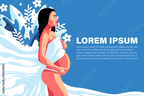 Abstract Graphic Bundle, modern art about pregnancy and motherhood - mother concept. Poster with a beautiful young pregnant woman with long black hair on the blue background. Woman in white clothing. 