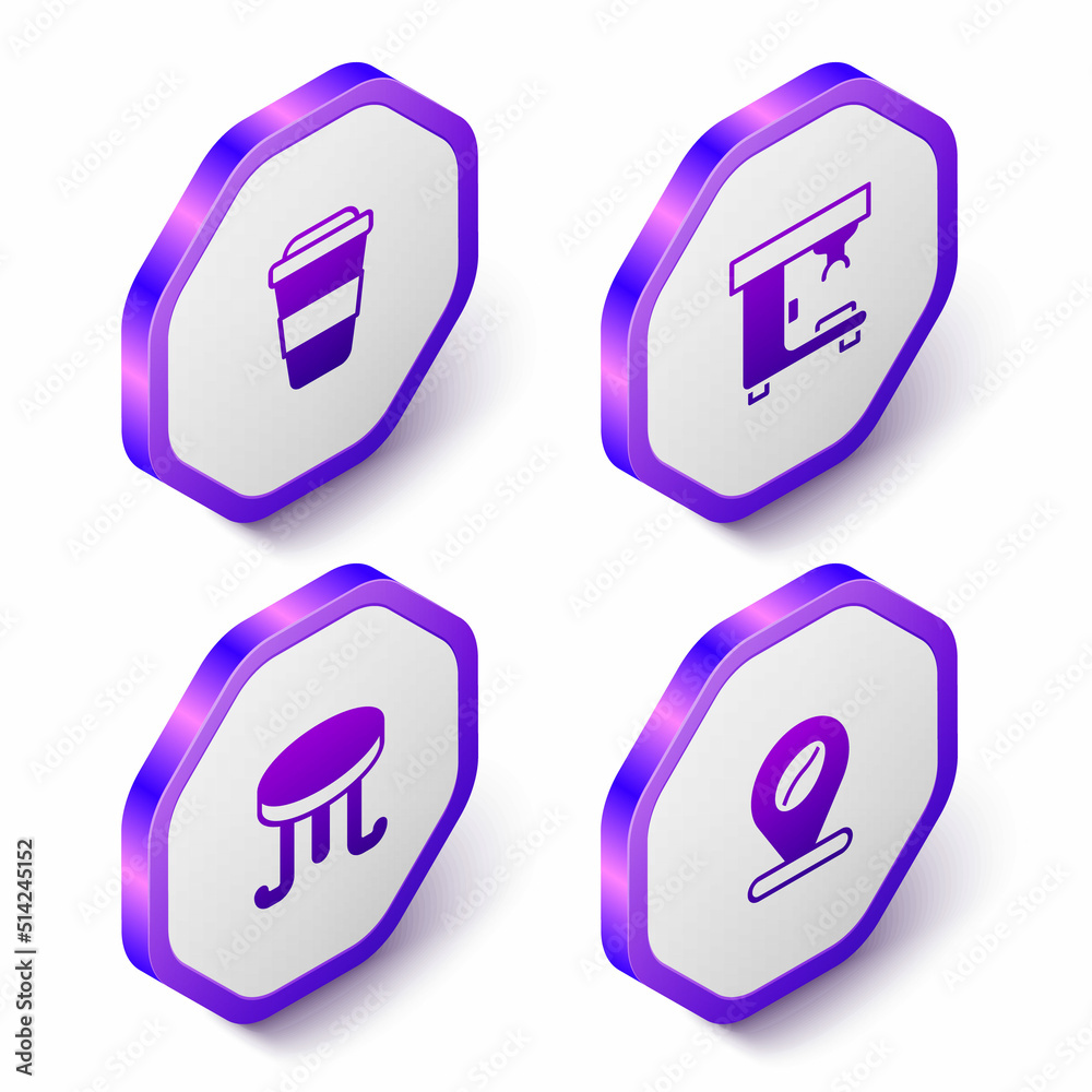 Set Isometric Coffee cup to go, machine, table and Location with coffee bean icon. Purple hexagon button. Vector