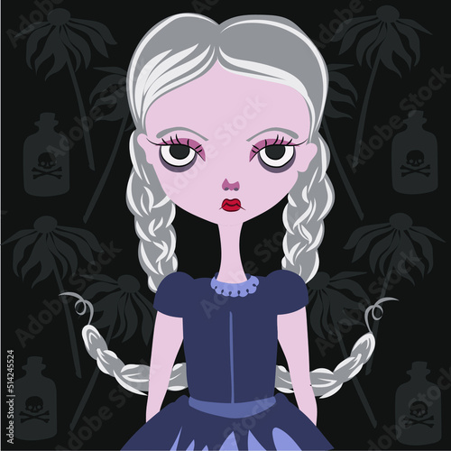 Cute gothic girl with big eyes on a gloomy background, vector
