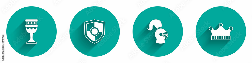 Set Medieval goblet, Shield, helmet and King crown icon with long shadow. Vector Set Medieval goblet, Shield, helmet and King crown icon with long shadow. Vector