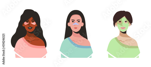 A set of women of different nationalities take care of their facial skin. Mask, facial patches. Vector