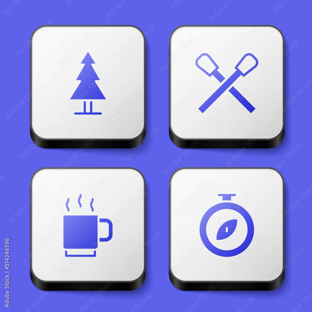 Set Tree, Burning match with fire, Coffee cup and Compass icon. White square button. Vector Set Tree, Burning match with fire, Coffee cup and Compass icon. White square button. Vector
