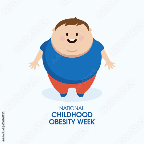 National Childhood Obesity Week vector. Smiling fat boy icon vector. Funny overweight kid cartoon character. Chubby child design element. Happy obese boy in a blue shirt drawing. Important day