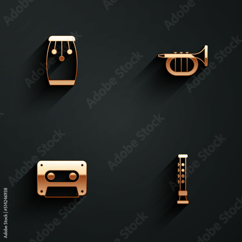 Set Conga drums, Trumpet, Retro audio cassette tape and Flute icon with long shadow. Vector