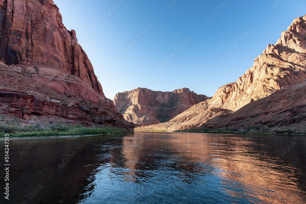 Colorado River in Glen Canyon, Arizona, United States of America. American Mountain Nature Landscape Background. Sunny Sunrise.