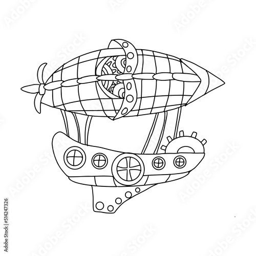 Zodiac sign sagittarius in the form of a steampunk-style airship. Illustration of an Astrological element in steampunk style, drawn in a linear doodle style. Drawing for a calendar or coloring book.
