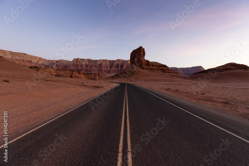 Scenic Road with Red Rock Canyon Mountain American Landscape. Drive to Lees Ferry in Glen Canyon, Arizona, United States. Adventure Travel.
