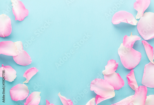 Fototapeta Naklejka Na Ścianę i Meble -  Rose flowers petals on pastel background. Valentines day background. Flat lay, top view, copy space.