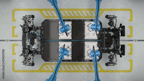 Modern electric car factory concept: Robots assembling the battery module of an electric car; fully automated production line with autonomous robots. Realistic high quality 3d animation. Top view loop photo