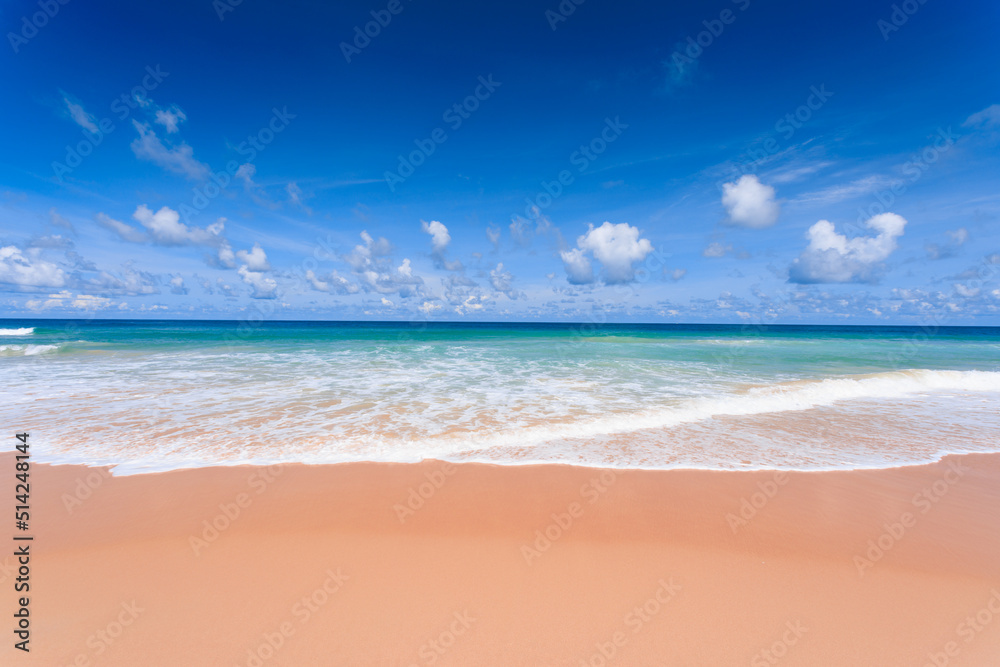 Travel background, white sand with blue sky in the summer season, at Karon Beach Phuket, Thailand