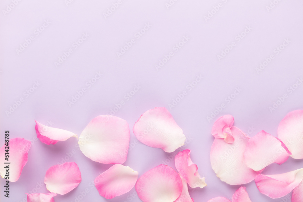 Rose flowers petals on pastel background. Valentines day background. Flat lay, top view, copy space.