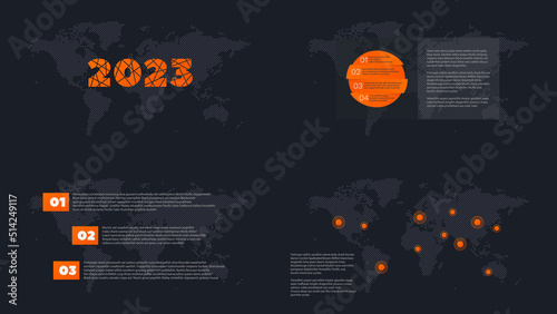 2023 icon with world map. 3, 4 steps business plan. Vector background for web page, global network, communication, template, sample, infographics