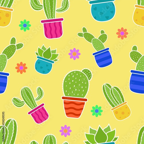 Vector seamless floral pattern cactus with yellow background