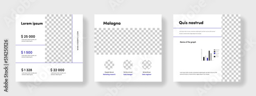 Elegant white and black social media layouts with place for photos, copy space for digital marketing, business promotion of company products