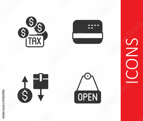 Set Hanging sign with text Open, Tax payment, cardboard box and Credit icon. Vector