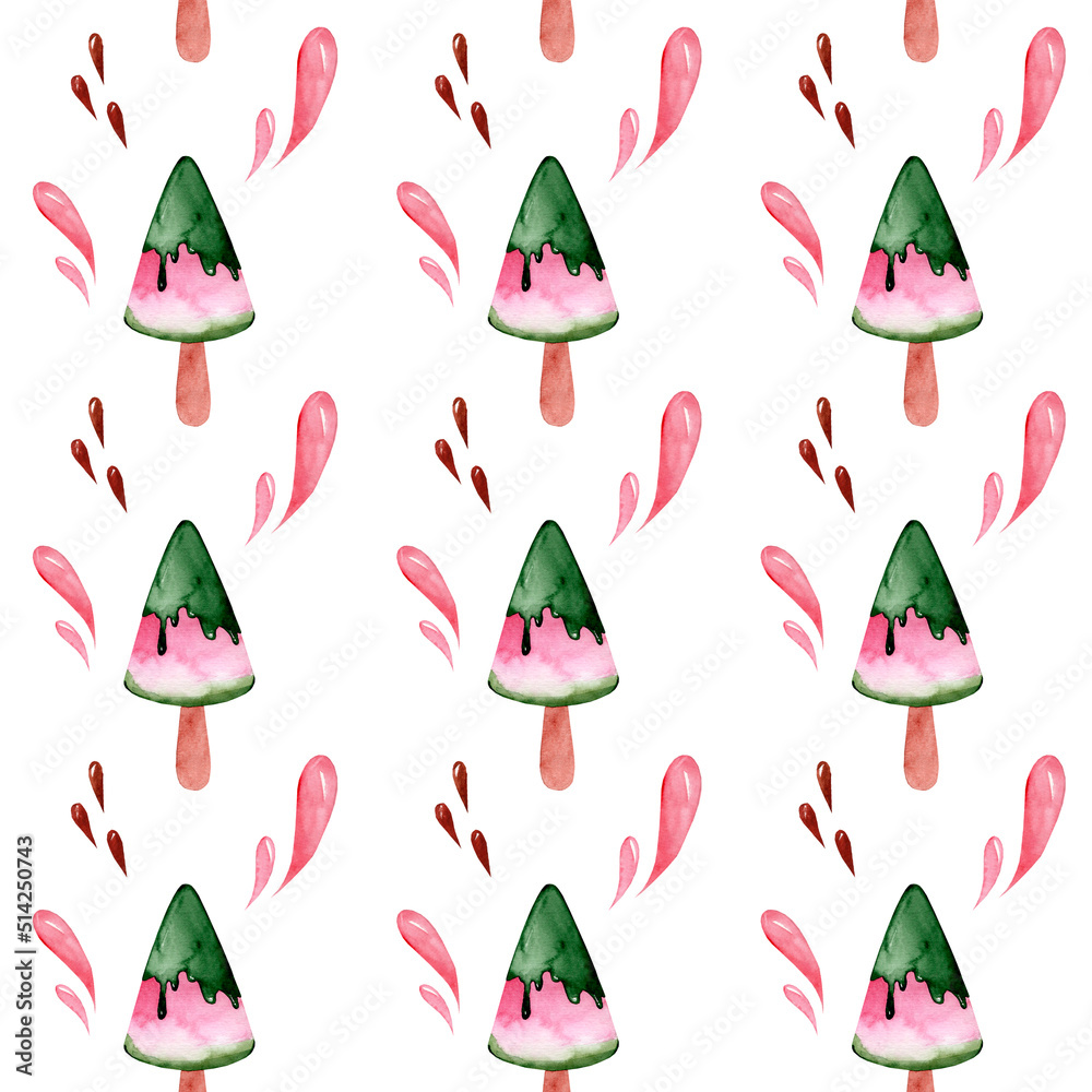 Seamless pattern with watermelon. Watermelon on a stick. Watercolor illustration. Simple pattern. summer time Seamless pattern with watermelon. Watermelon on a stick. Watercolor illustration. Simple pattern. summer time