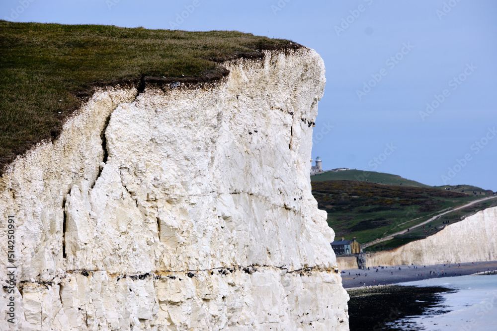 Cracks in the White chalk cliffs, Seven Sisters National Park. Eastbourne, East Sussex, England