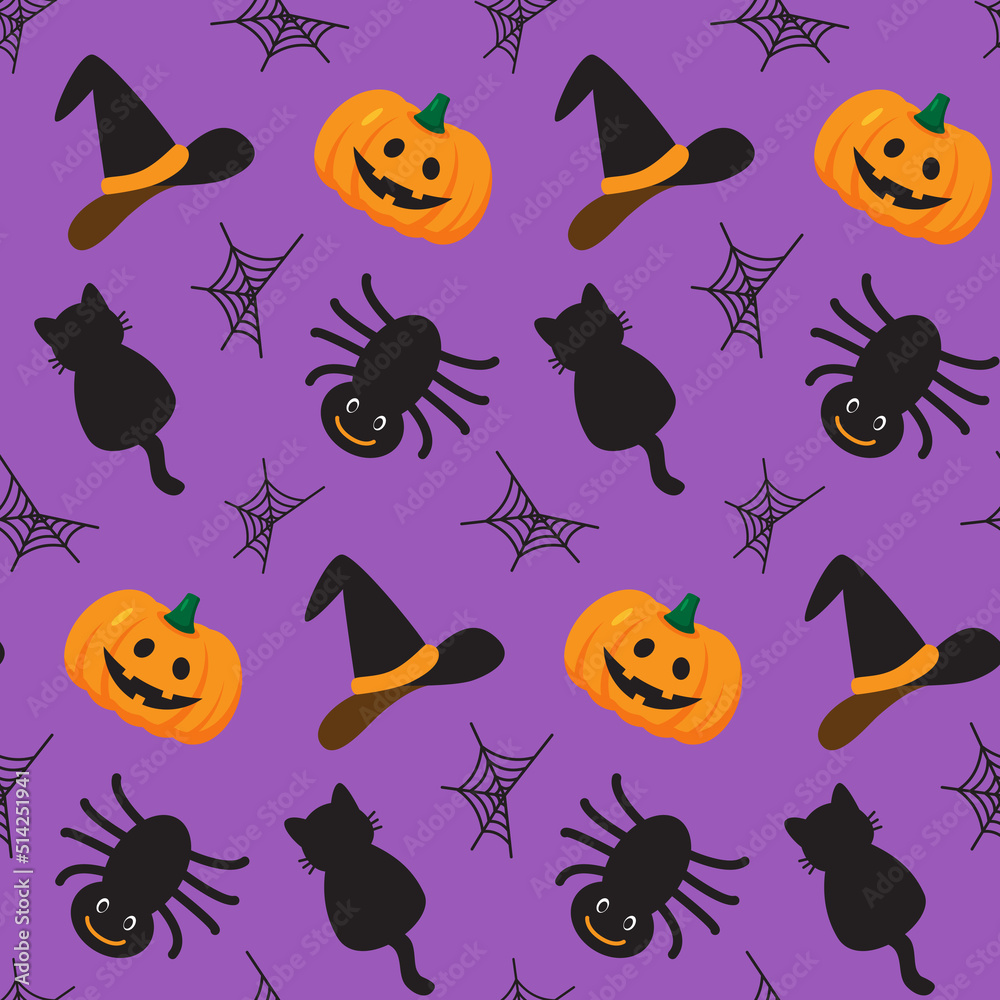 Halloween style seamless pattern in funny cartoon style. Print for autumn seasonal design and decor. Celebration and party spirit. Cute and nice characters. Background for gift wrap, sweets, candies. Halloween style seamless pattern in funny cartoon style. Print for autumn seasonal design and decor. Celebration and party spirit. Cute and nice characters. Background for gift wrap, sweets, candies.