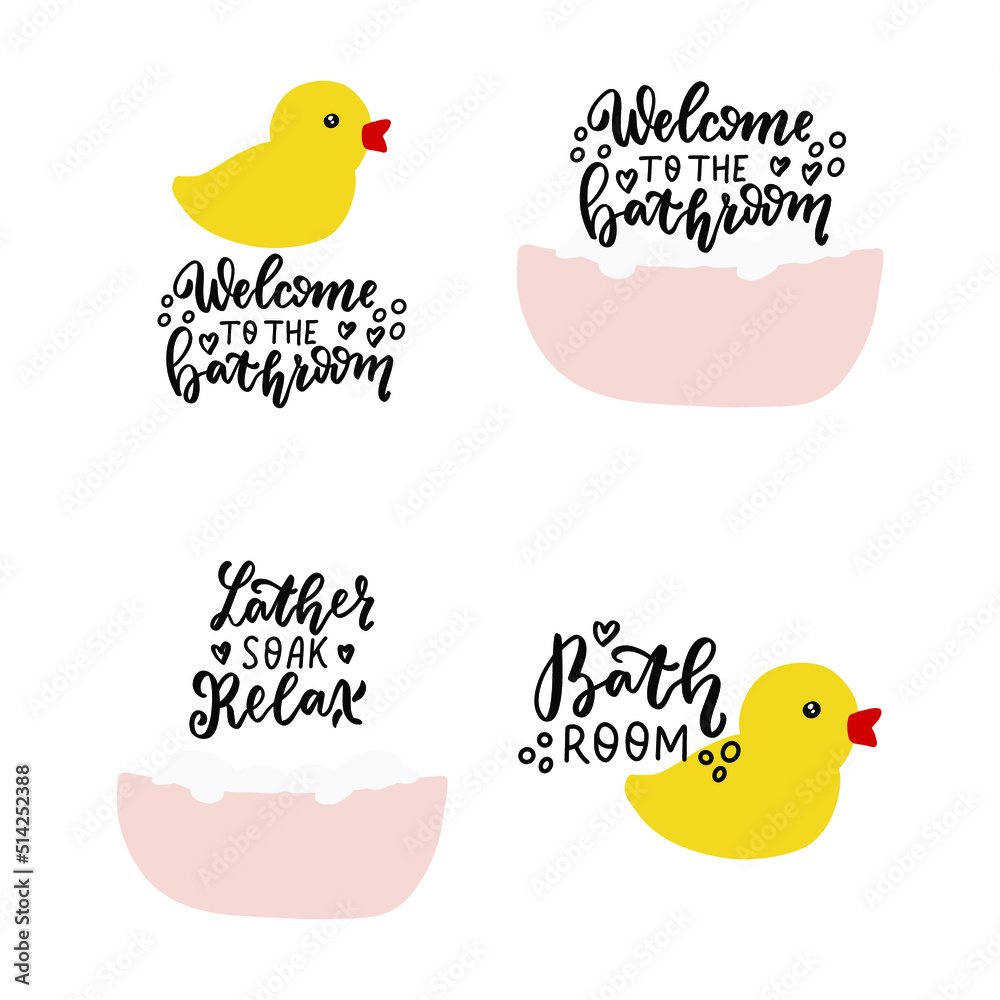 Funny bathroom quotes stickers set. Hand lettering, Brush calligraphy ...