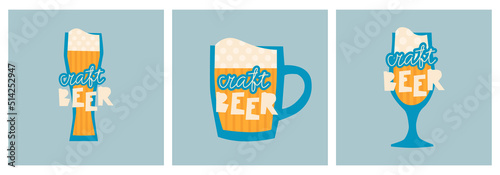 Set of hand drawing vector illustrations of various beer glass and mugs. Lettering craft beer. Design for a small brewery or beer festival.