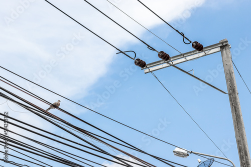 Electric communications wires . power cable lines and pole. Power electric transmission lines. © Tony Ruji