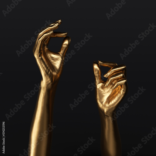 Gold painted hands holding something small object, 3d rendering female hand for advertising jewelry