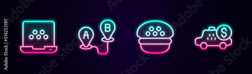 Set line Taxi mobile app, Route location, driver cap and Taximeter device. Glowing neon icon. Vector