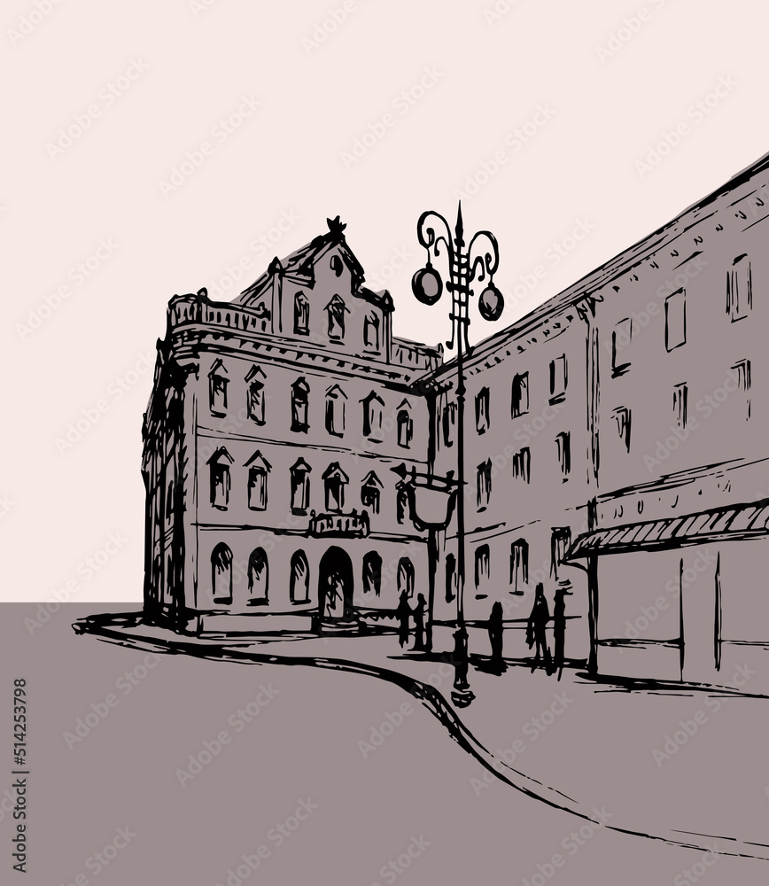 Vector outline. The architectural landscape of the old streets of the city