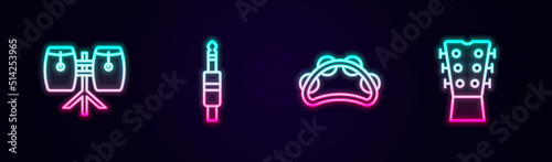 Set line Conga drums, Audio jack, Tambourine and Guitar neck. Glowing neon icon. Vector