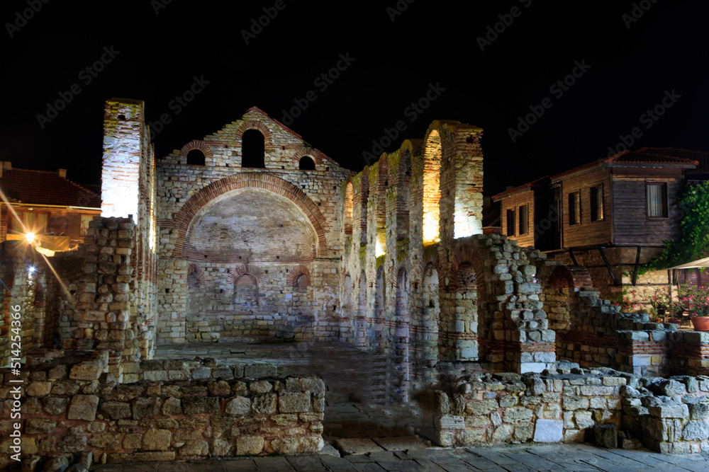 Byzantine Church of Saint Sophia, also known as the Old Bishopric in the old town of Nessebar, Bulgaria at night