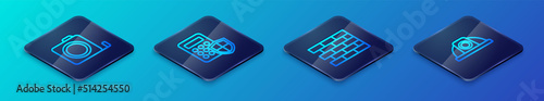 Set Isometric line Bricks, Roulette construction, Worker safety helmet and Security keypad access panel icon. Vector