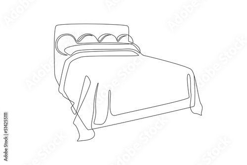 Continuous one line drawing of double bed thin icon. Modern comfortable luxury furniture for bedroom in simple linear style. Editable stroke. Doodle vector illustration