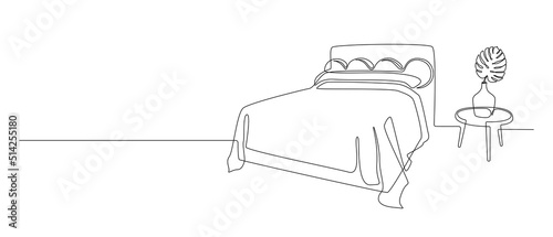 Continuous one line drawing of double bed and table with vase and monstera. Modern scandinavian interior and soft for cozy bedroom in simple linear style. Editable stroke. Doodle vector illustration