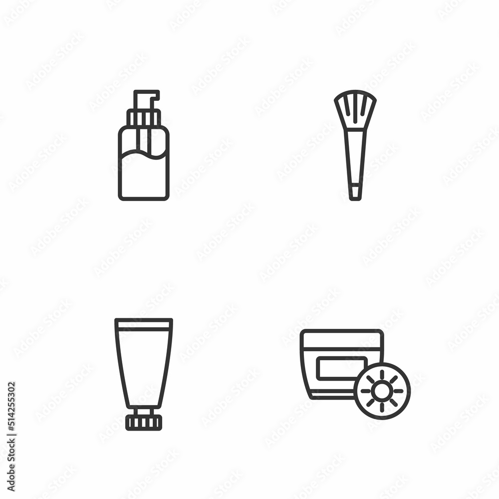 Set line Sunscreen cream in tube, Cream or lotion cosmetic, Bottle of liquid soap and Makeup brush icon. Vector Set line Sunscreen cream in tube, Cream or lotion cosmetic, Bottle of liquid soap and Makeup brush icon. Vector