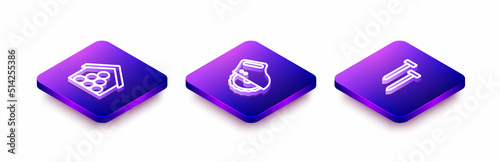 Set Isometric line Wooden logs, Electric circular saw and Metallic nails icon. Vector