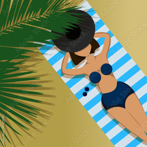 Brunette girl in a blue swimsuit relaxing on the beach in a flat style