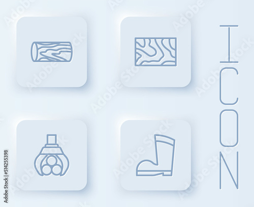 Set line Wooden log, beam, Grapple crane grabbed and Waterproof rubber boot. White square button. Vector