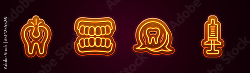 Set line Broken tooth, Dentures model, Tooth and Syringe. Glowing neon icon. Vector