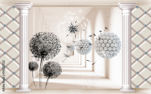Fototapeta Naklejka Na Ścianę i Meble -  Digital illustration of a 3d tunnel with balloons and dandelions. 3d image. 3d photo wallpapers. Digital mural.