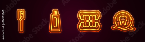 Set line Toothbrush, Tube of toothpaste, Dentures model and . Glowing neon icon. Vector