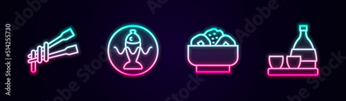 Set line Food chopsticks with noodles, Served fish on a plate, Chow mein and Bottle of sake. Glowing neon icon. Vector